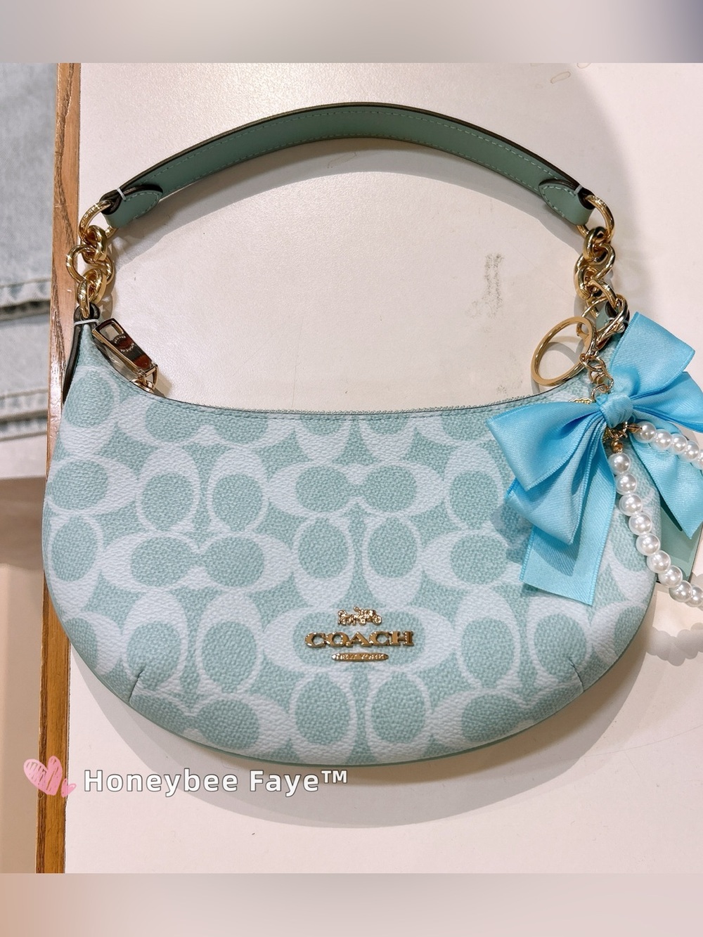 Coach Mini Payton Signature Crescent Shoulder Bag with Blue Bow Charm